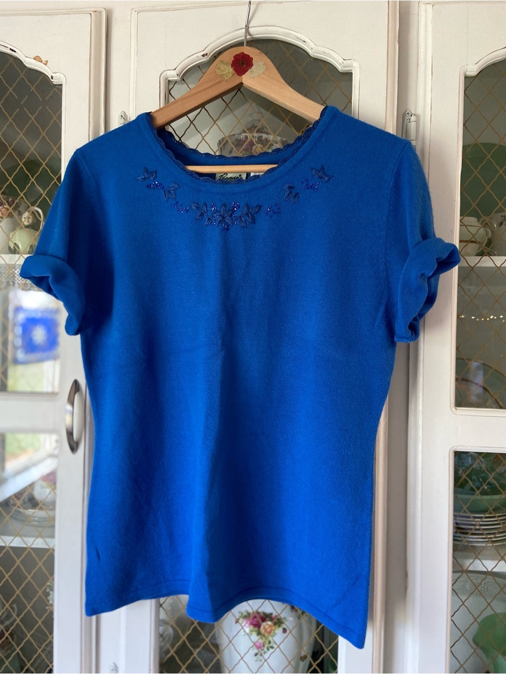 Royal Blue Embellished Crochet Trim Sweater Tee Floral Beading Cottagecore